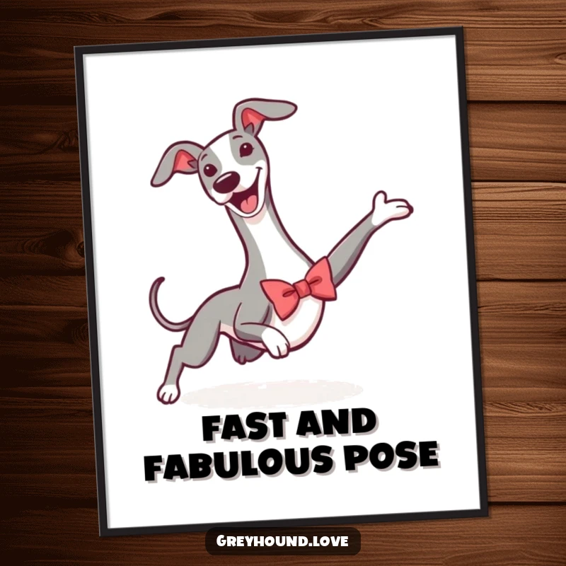 Funny Free Printable Wall Art of a greyhound wearing a tiny bowtie, sliding triumphantly with a humorous, celebratory expression.