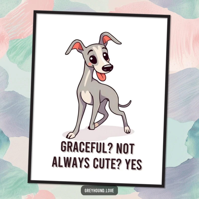 Funny Free Printable Wall Art: Kawaii greyhound comically tripping over its long legs, a cute and funny scene.