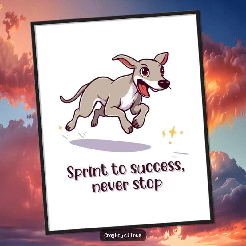Funny Free Printable Wall Art: A greyhound with intense determination sprints towards a distant, important goal.