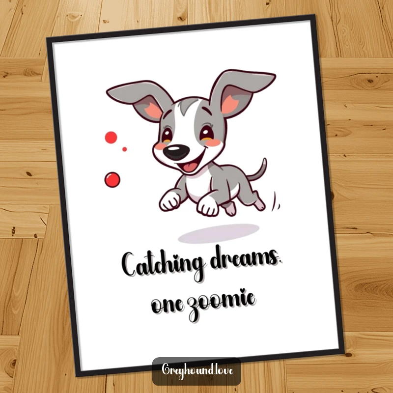 Funny Free Printable Wall Art: Absurd greyhound comically chasing a tiny red dot, ears flapping, pure chaotic energy.