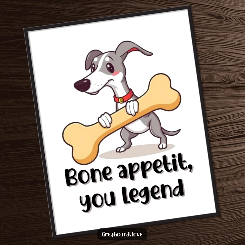 Funny Free Printable Wall Art: A greyhound gleefully fetches a comically oversized novelty bone.