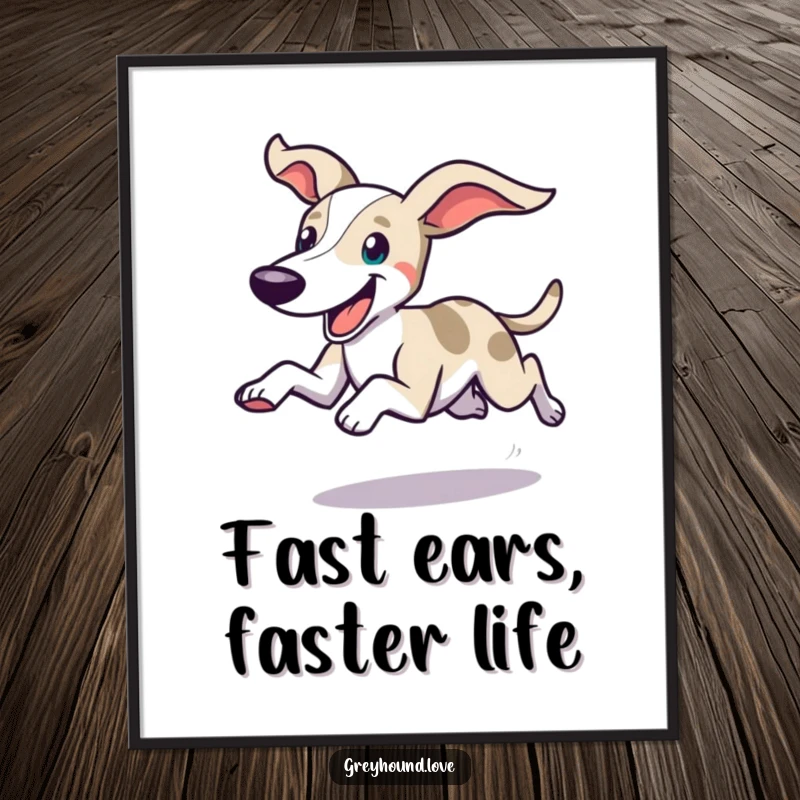 Funny Free Printable Wall Art showing a swift greyhound dashing with ears flying and a joyful expression.