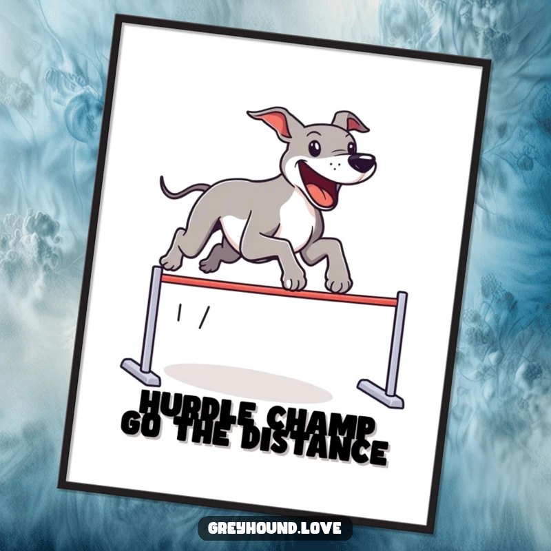 Funny Free Printable Wall Art: A greyhound captured mid-leap over an imaginary hurdle, radiating pure, unadulterated happiness.