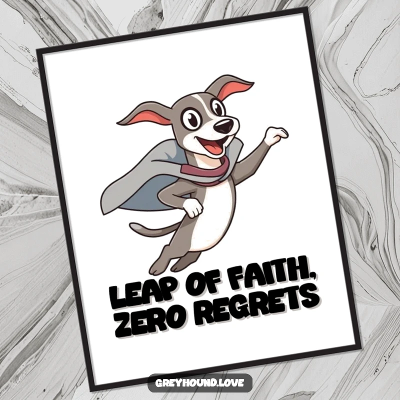 Funny Free Printable Wall Art: Energetic Greyhound Leaping High in a Superhero Cape, Full of Joy and Action!