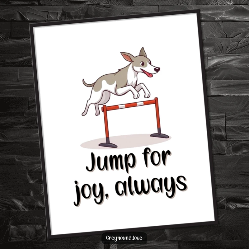 Funny Free Printable Wall Art: Stylized greyhound in an athletic leap, soaring over a small, charming hurdle.
