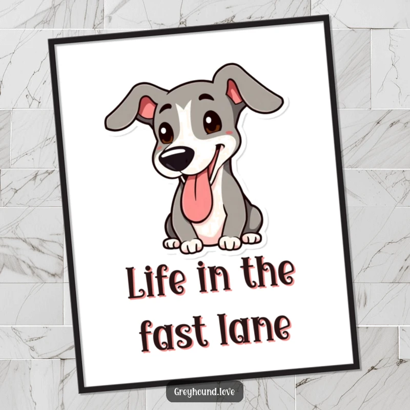 Funny Free Printable Greyhound Wall Art: A happy greyhound with a floppy ear raised, exuding joy.