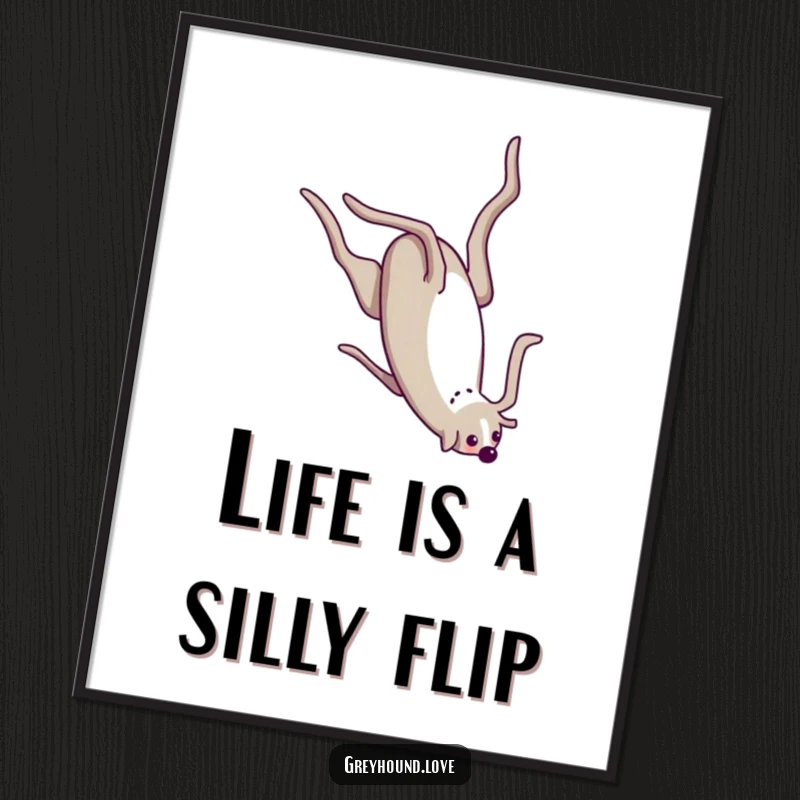 Free Printable wall art featuring a greyhound in mid-somersault, showcasing its long body in a humorous and athletic pose.
