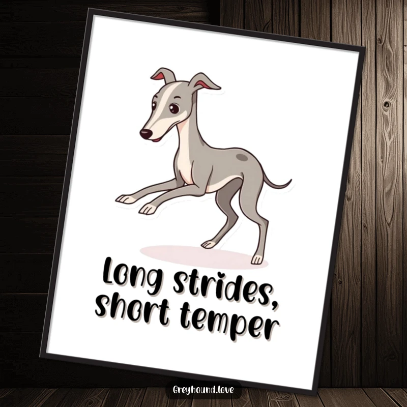 Funny Free Printable Wall Art: A sleek, kawaii greyhound character is comically tripping over its own long legs, creating amusement.