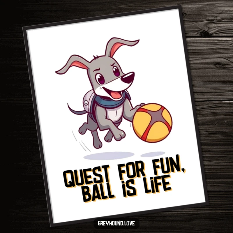 Funny Free Printable Wall Art: A happy greyhound wearing comical armor enthusiastically chases a bouncing ball.