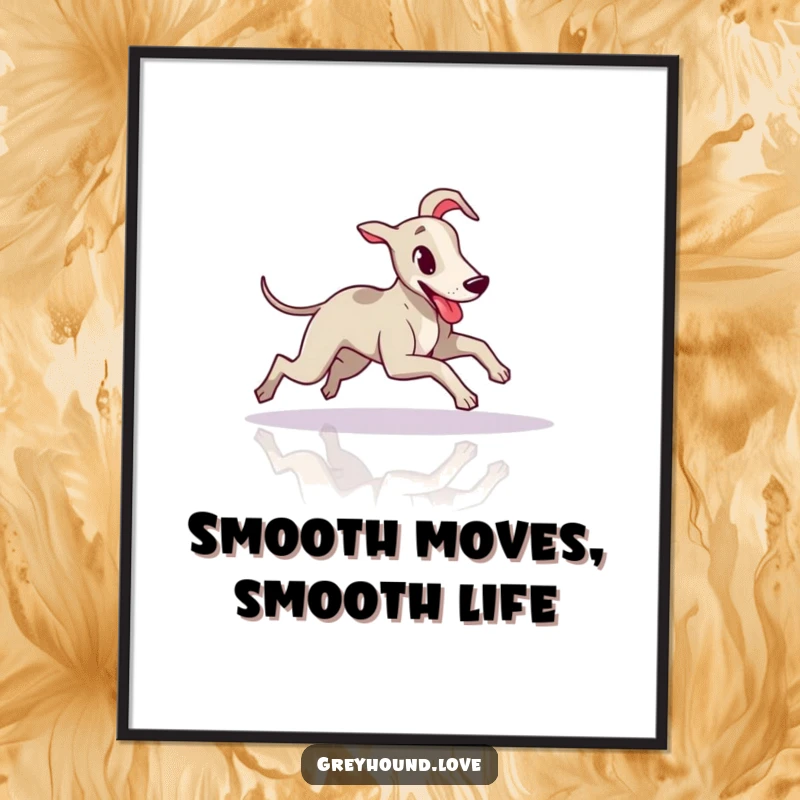 Funny Free Printable Wall Art: A slender greyhound comically sliding across a polished floor, tongue out, full of playful abandon.