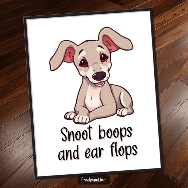 Funny Free Printable Wall Art of a cute, big-eared greyhound playfully flopping onto its side, captured in a moment of pure silliness.