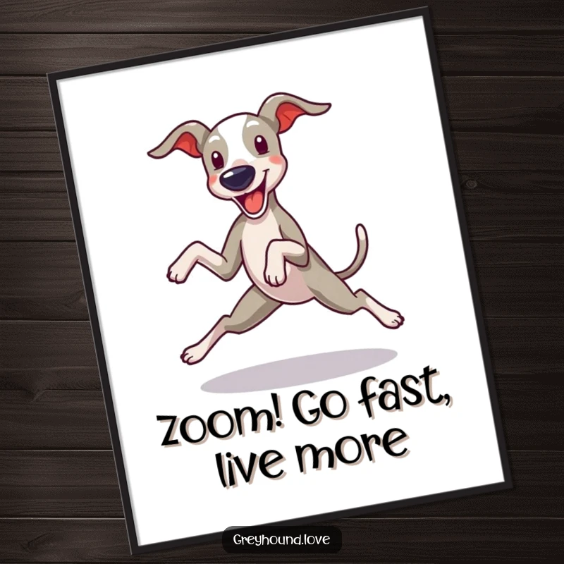 Funny Free Printable Greyhound Wall Art: A greyhound in a hilarious zoomie, legs splayed with excitement.