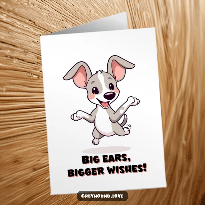 Funny Free Printable Birthday Card: Playful greyhound with oversized ears leaps high with pure happiness.