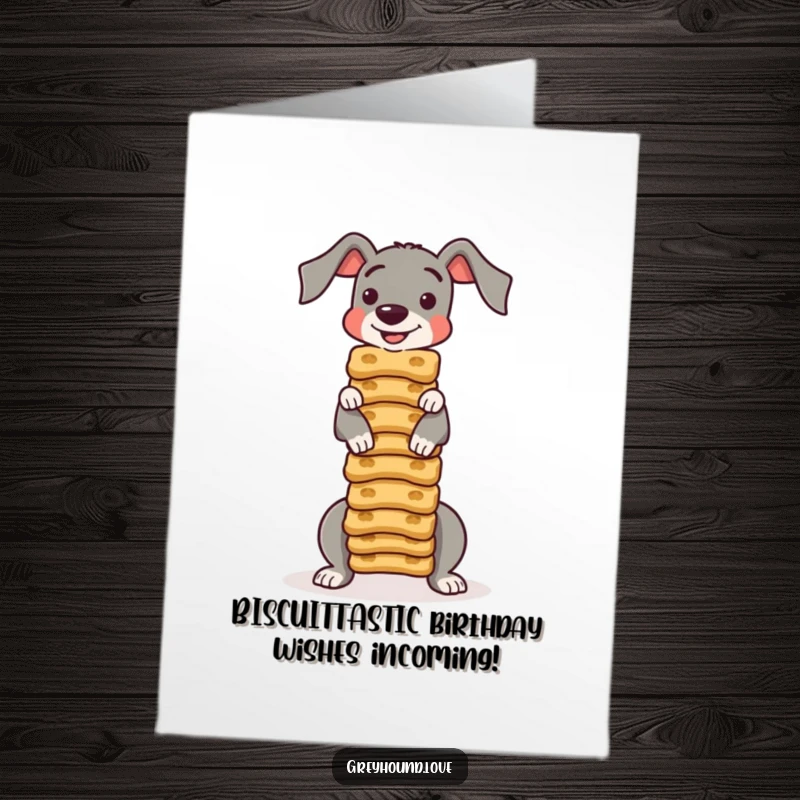 Funny Free Printable Birthday Card: Greyhound character expertly balancing a tall stack of dog biscuits.