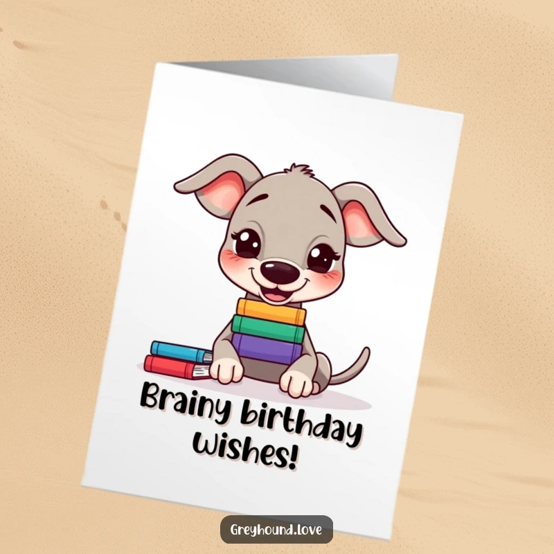 Funny Free Printable Birthday Card: A greyhound concentrating hard, balancing a small stack of books on its nose, studious look.