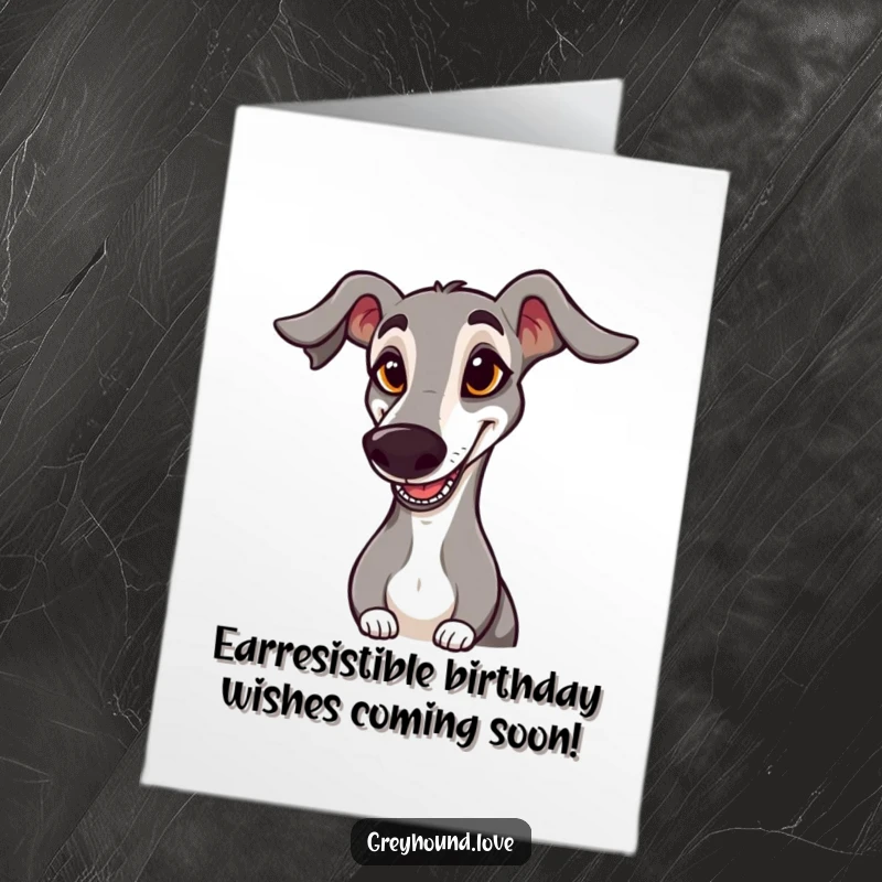 Funny Free Printable Birthday Card: Goofy greyhound with floppy ear saluting, ready for a laugh.