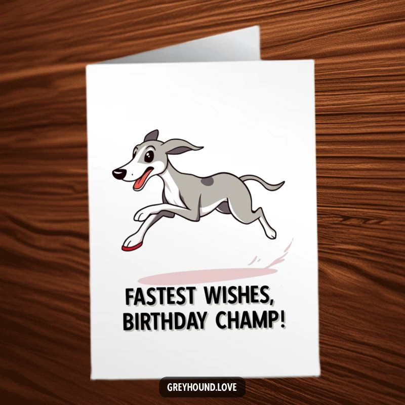 Funny Free Printable Birthday Card: determined greyhound in running shoes crossing finish line, celebrating victory.