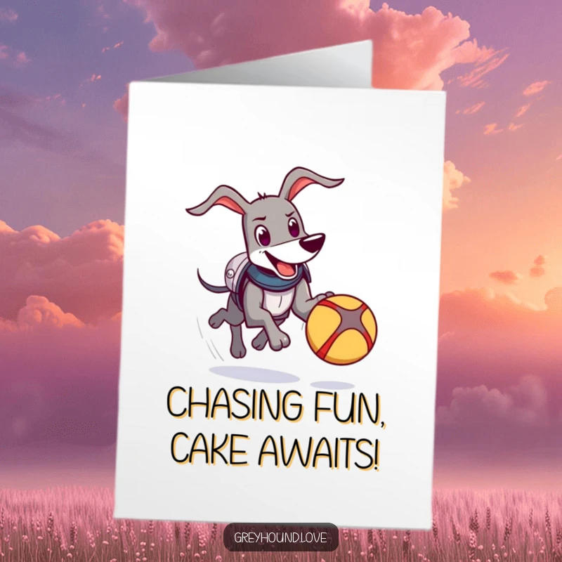Funny Free Printable Birthday Card: Happy greyhound in comical armor chases a bouncing ball with determination.