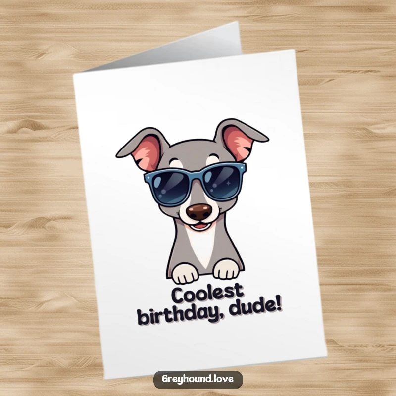 Funny Free Printable Birthday Card of a greyhound in oversized sunglasses giving a charming, cool wink, ready to party.