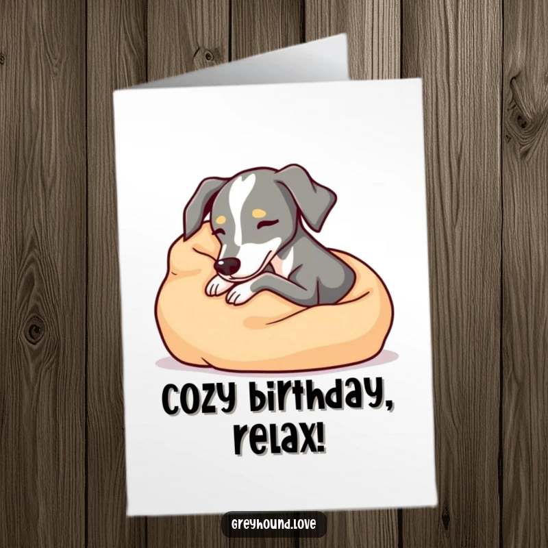 Funny Free Printable Birthday Card: A contented greyhound is snuggled deeply in a plush, soft blanket.