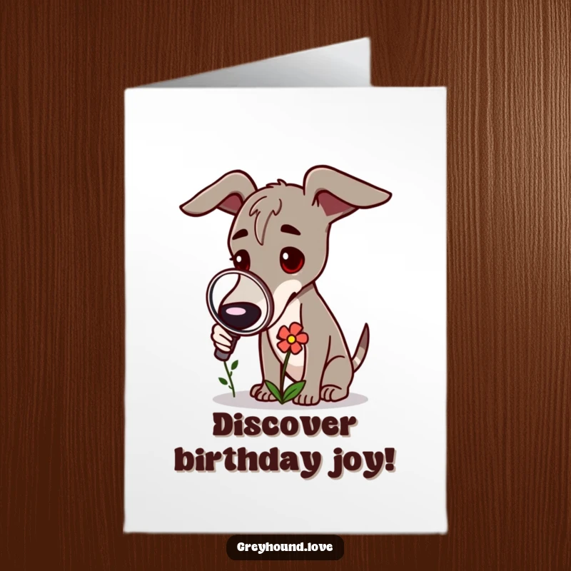 Funny Free Printable Birthday Card: Greyhound leaning in close with a magnifying glass, examining a tiny flower with intense curiosity.