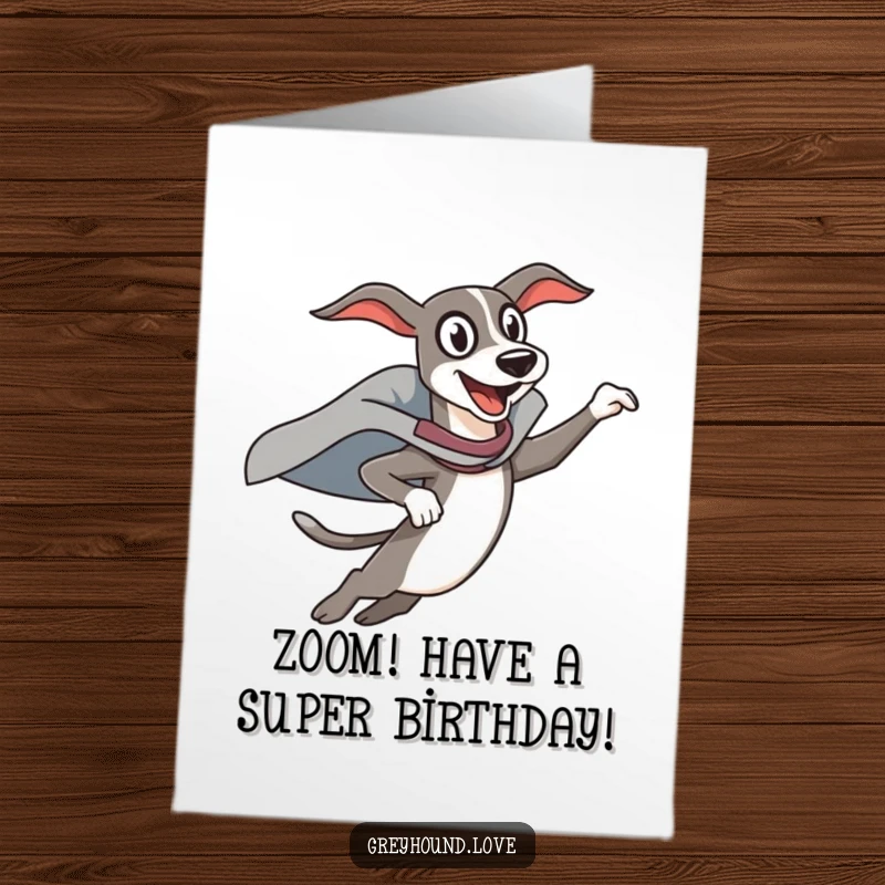 Funny Free Printable Birthday Card: Excited Superhero Greyhound Leaping Joyfully in Cape, Ready to Save the Day!