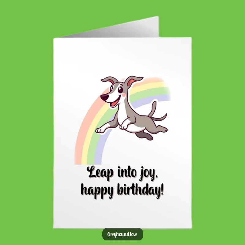 Free Printable Birthday Card: Greyhound Rainbow Leap, Joyful Downloadable Gift