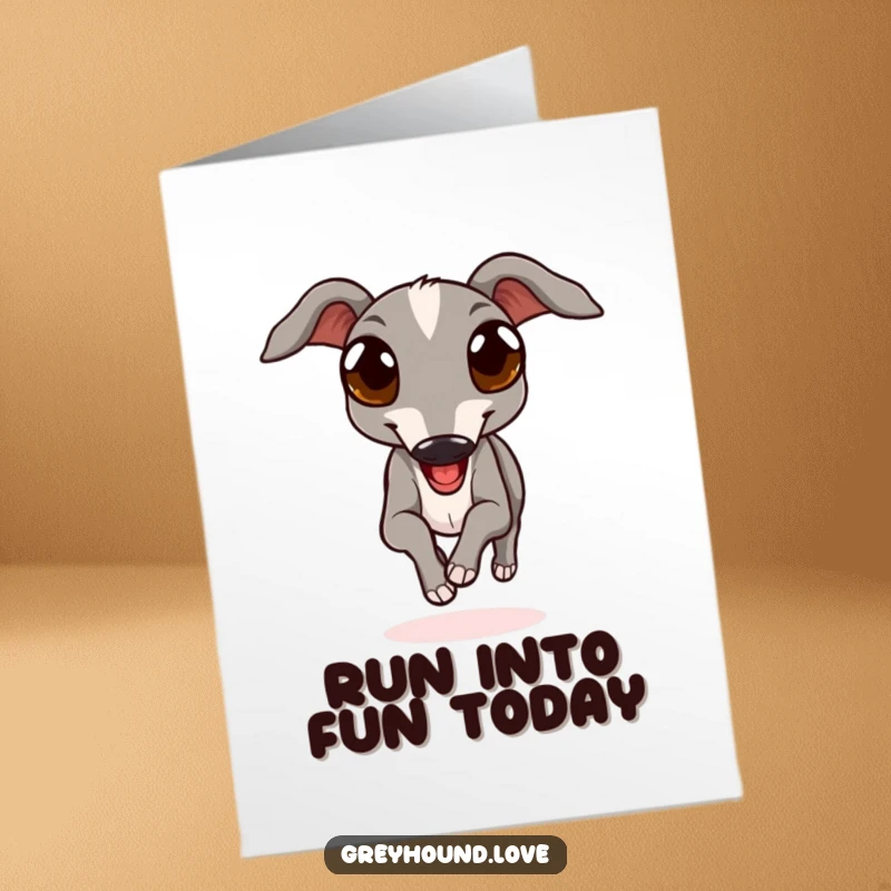 Funny Free Printable Birthday Card: A graceful greyhound with big, expressive eyes running joyfully.