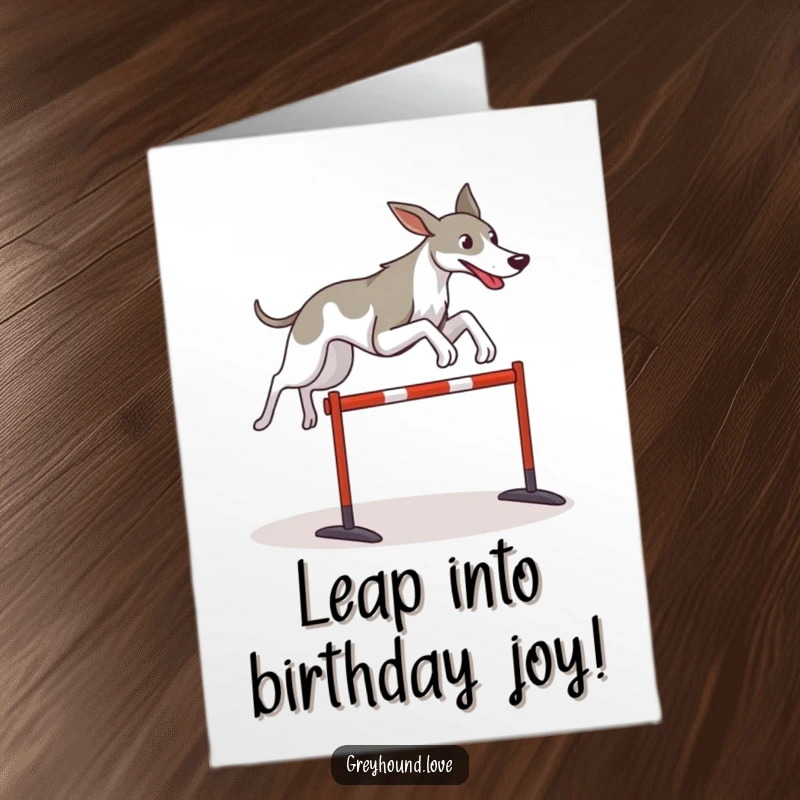 Funny Free Printable Birthday Card: Stylized greyhound leaping gracefully over a small, delightful hurdle with flair.