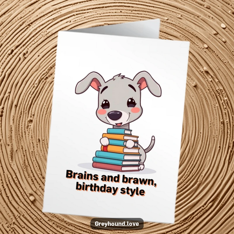 Funny Free Printable Birthday Card: Greyhound wearing glasses balancing books on nose, looking smart