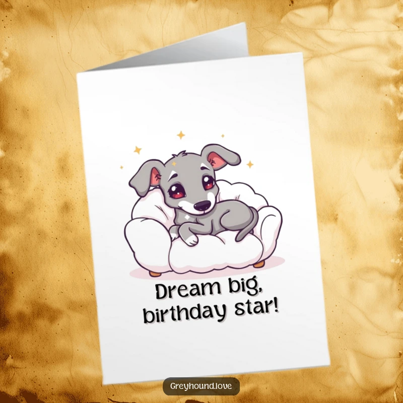 Funny Free Printable Birthday Card: A greyhound with starry eyes lounges on a cloud sofa, dreaming of a happy birthday.