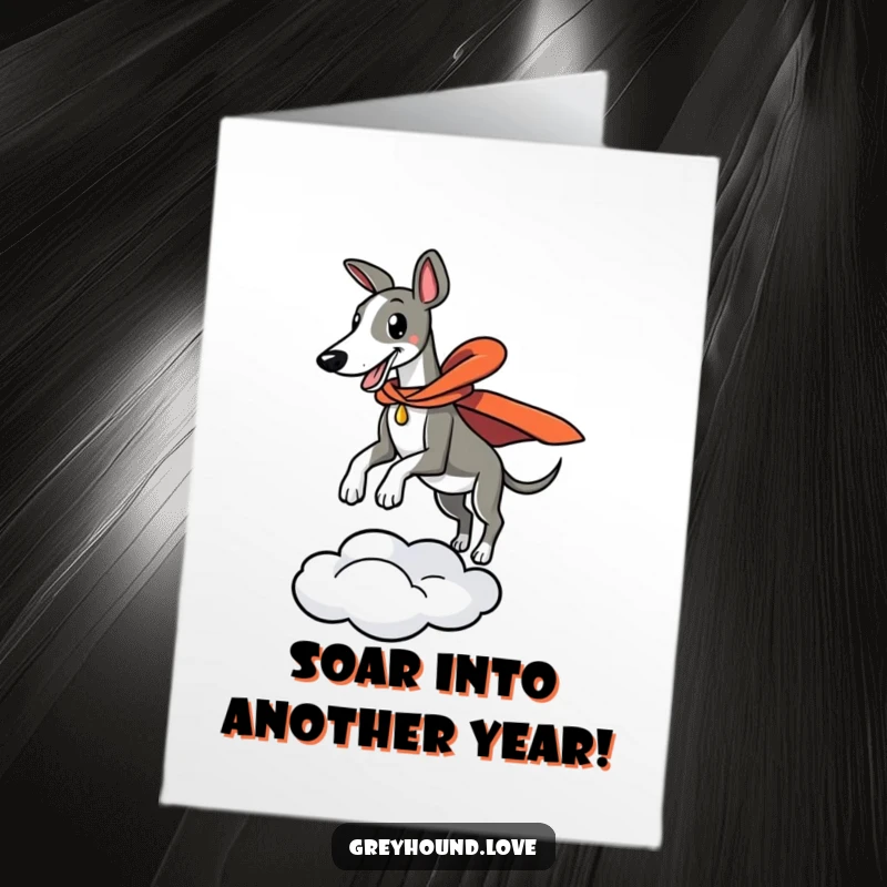 Funny Free Printable Birthday Card: A greyhound in a cape leaps from a cloud, celebrating a birthday with heroic flair.