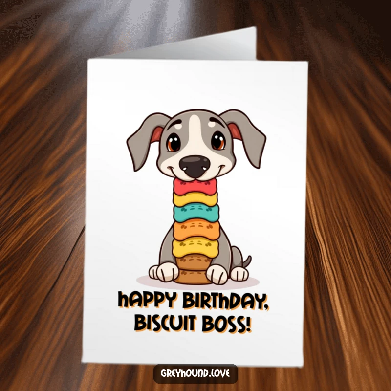 Funny free printable birthday card of a greyhound playfully balancing colorful dog biscuits on its nose.