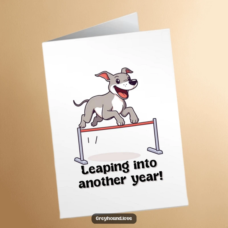 Funny Free Printable Birthday Card: A joyful greyhound mid-air, leaping over an invisible hurdle with pure glee.