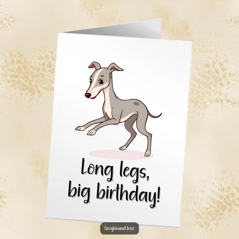 Funny Free Printable Birthday Card: A sleek, kawaii greyhound character comically trips over its own long legs, creating a humorous scene.