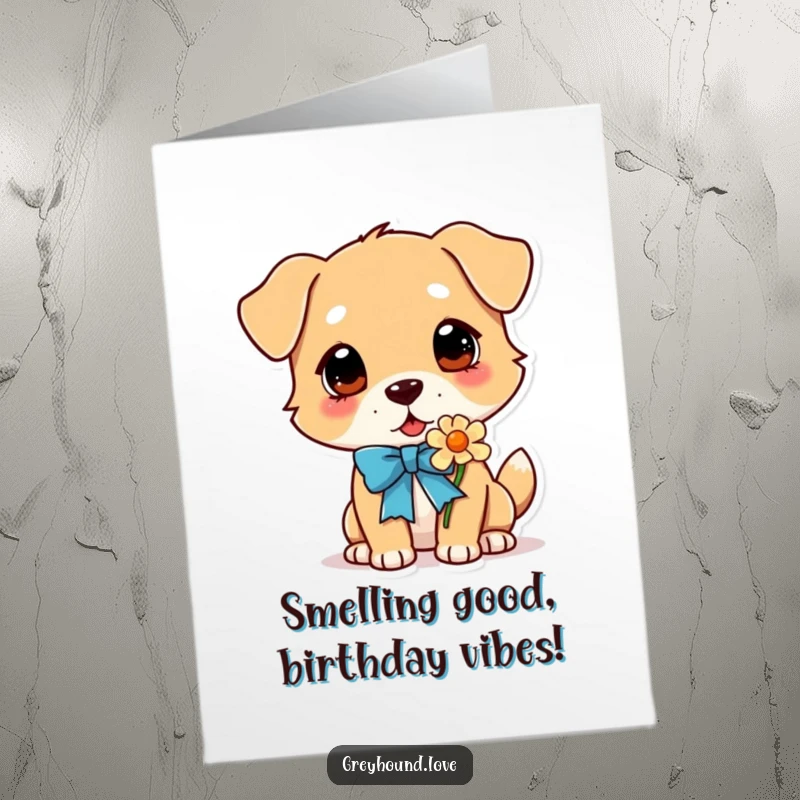 Funny Free Printable Birthday Card: Cute dog with a ribbon around its neck, curiously sniffing a vibrant flower.