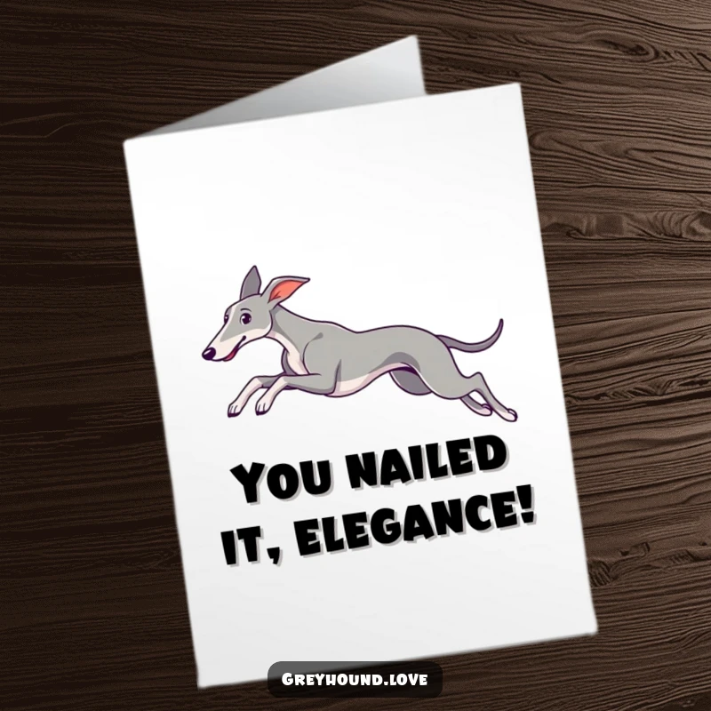 Funny Free Printable Congratulations Card featuring a sleek greyhound gracefully leaping, perfect for celebrating wins with elegance and fun.