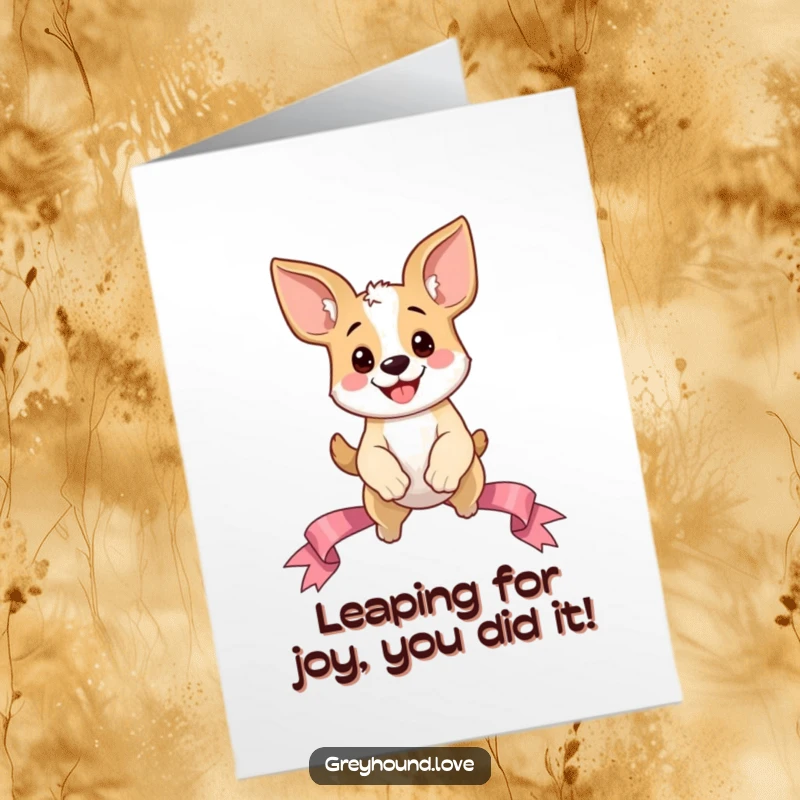 Funny Free Printable Congratulations Card: Gigantic-eared dog soaring over a ribbon, a symbol of exciting new beginnings.