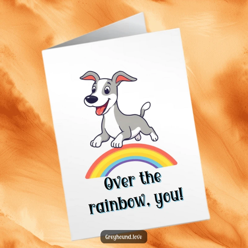 Amazing free printable congratulations card featuring a happy greyhound leaping over a colorful rainbow.