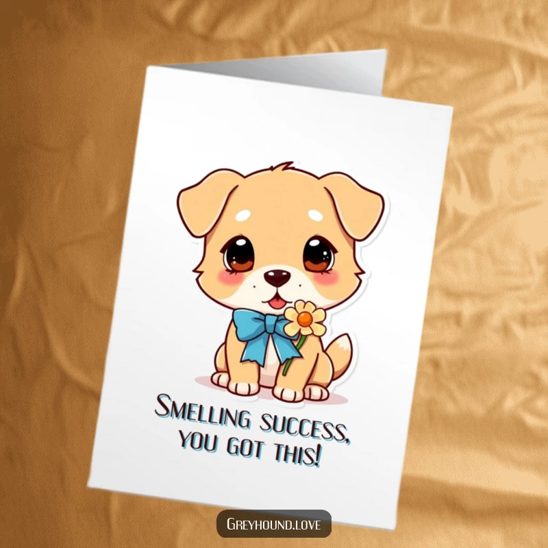 Funny Free Printable Congratulations Card: Adorable dog wearing a ribbon, intently sniffing a beautiful, blooming flower.