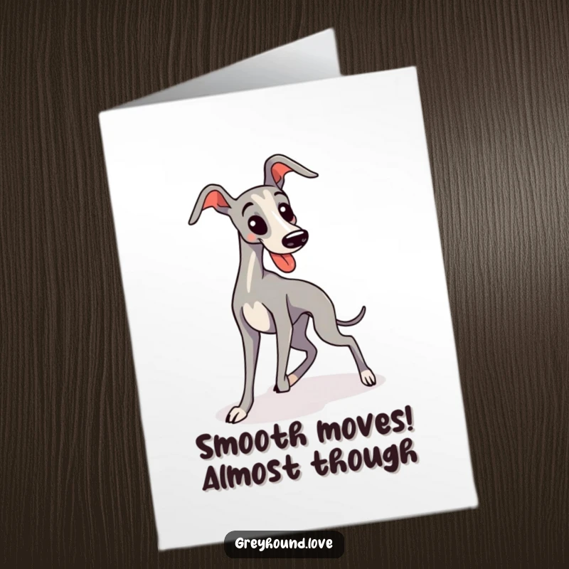 Funny Free Printable Congrats Card: Sleek kawaii greyhound comically tripping over its own long legs, a cute oops.