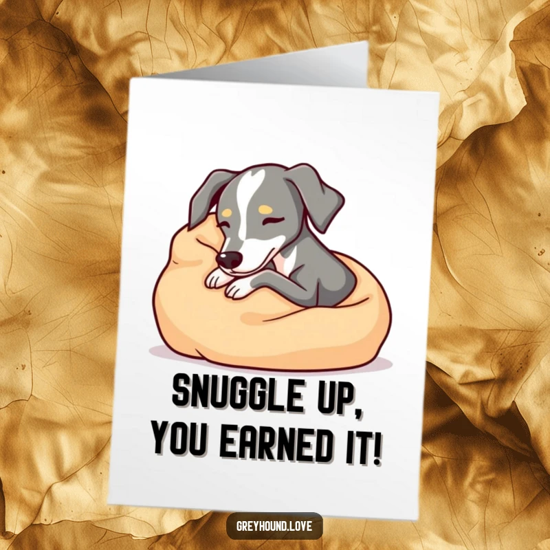 Funny Free Printable Congrats Card: A happy greyhound is blissfully snuggled within a warm, fluffy blanket.