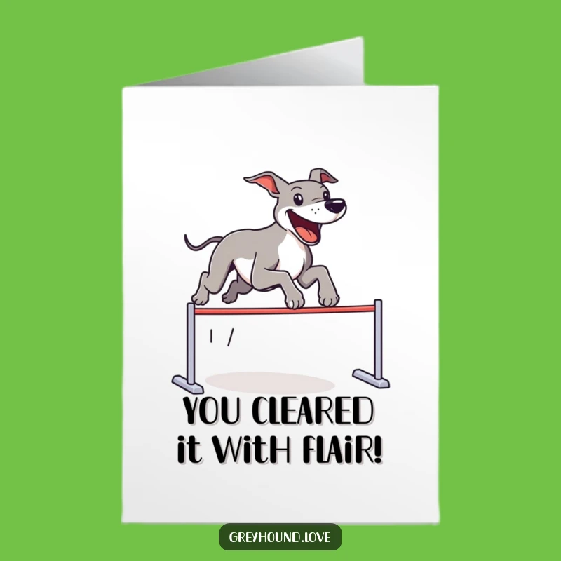 Free Printable Congrats Card: Funny Greyhound Hurdle Leap, Ideal DIY Downloadable Celebration!