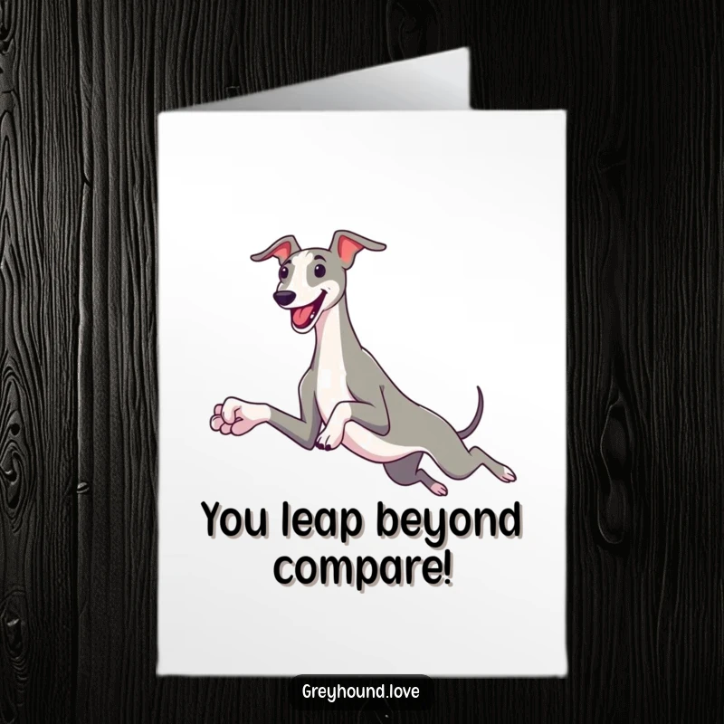 Funny Free Printable Congratulations Card: Greyhound character with comically large paws leaping with pure joy, celebrating success.