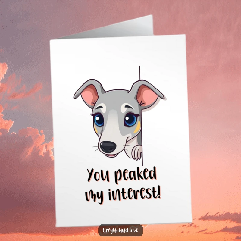 Funny Free Printable Congratulations Card: A greyhound peeking curiously around a corner, eyes bright with excitement for your win.
