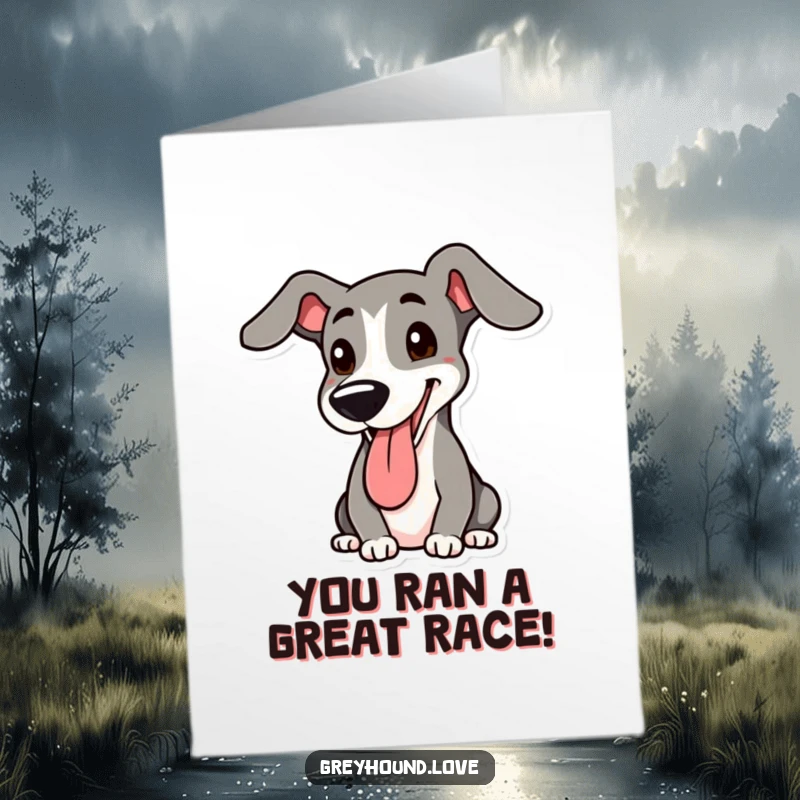 Funny Free Printable Greyhound Congratulations Card: A happy greyhound with a floppy ear raised in celebration.