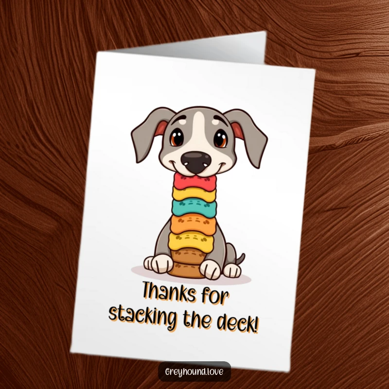 Playful free printable thank you card of a greyhound balancing dog biscuits on its nose, expressing gratitude.
