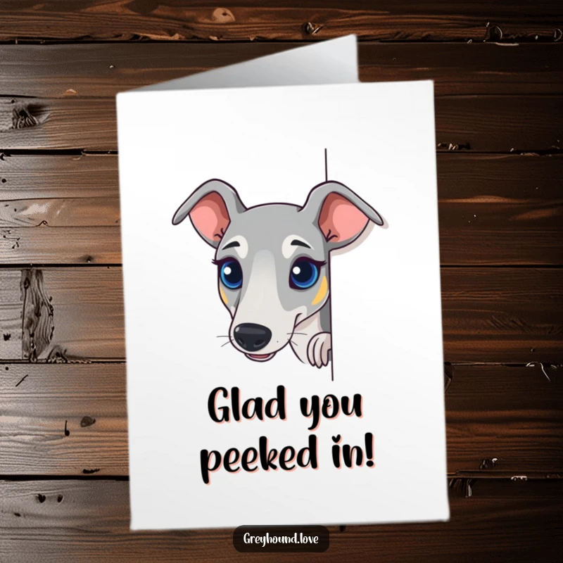 Funny Free Printable Thank You Card: A greyhound with bright, curious eyes peeking around a corner to say thanks.