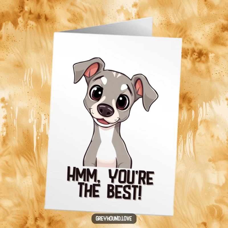 Funny Free Printable Thank You Card: A greyhound with innocent eyes tilts its head, curiously pondering your kindness.