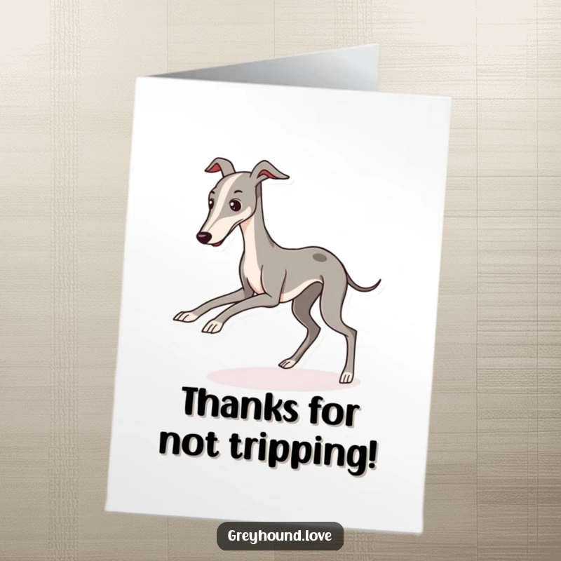 Funny Free Printable Thank You Card: A sleek, kawaii greyhound character comically trips, offering a humorous thank you.
